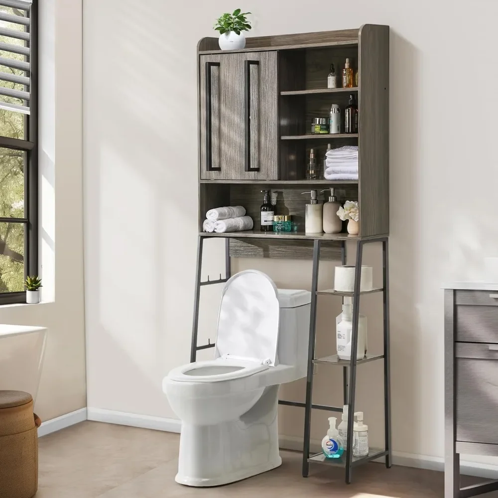 

Over The Toilet Storage Cabinet, Over Toilet Bathroom Organizer with Sliding Door, Inner Adjustable Shelf & Open Storage Shelfs