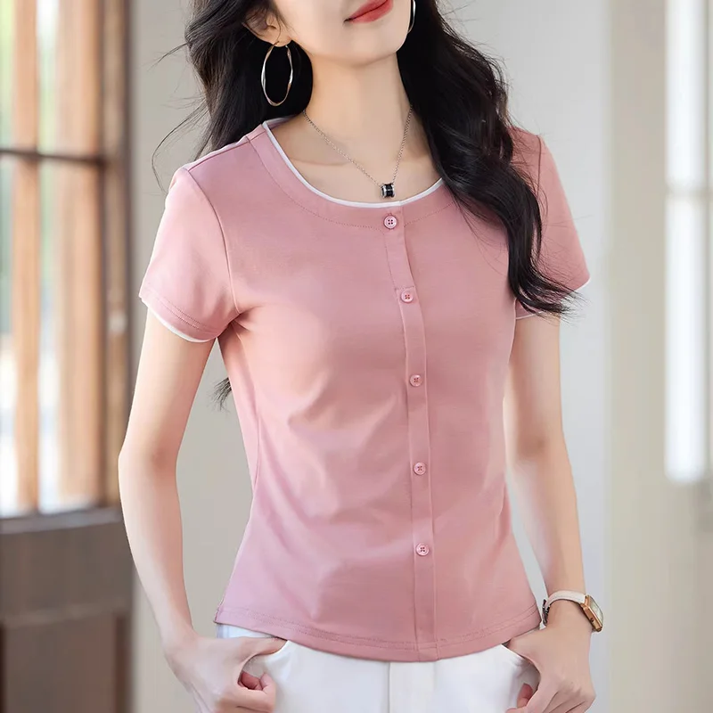 New Women Patchwork Short Sleeve T-shirt Summer Fashion Contrast Color O-Neck Slim Waist Daily T-shirt Simplicity Pullover Tees