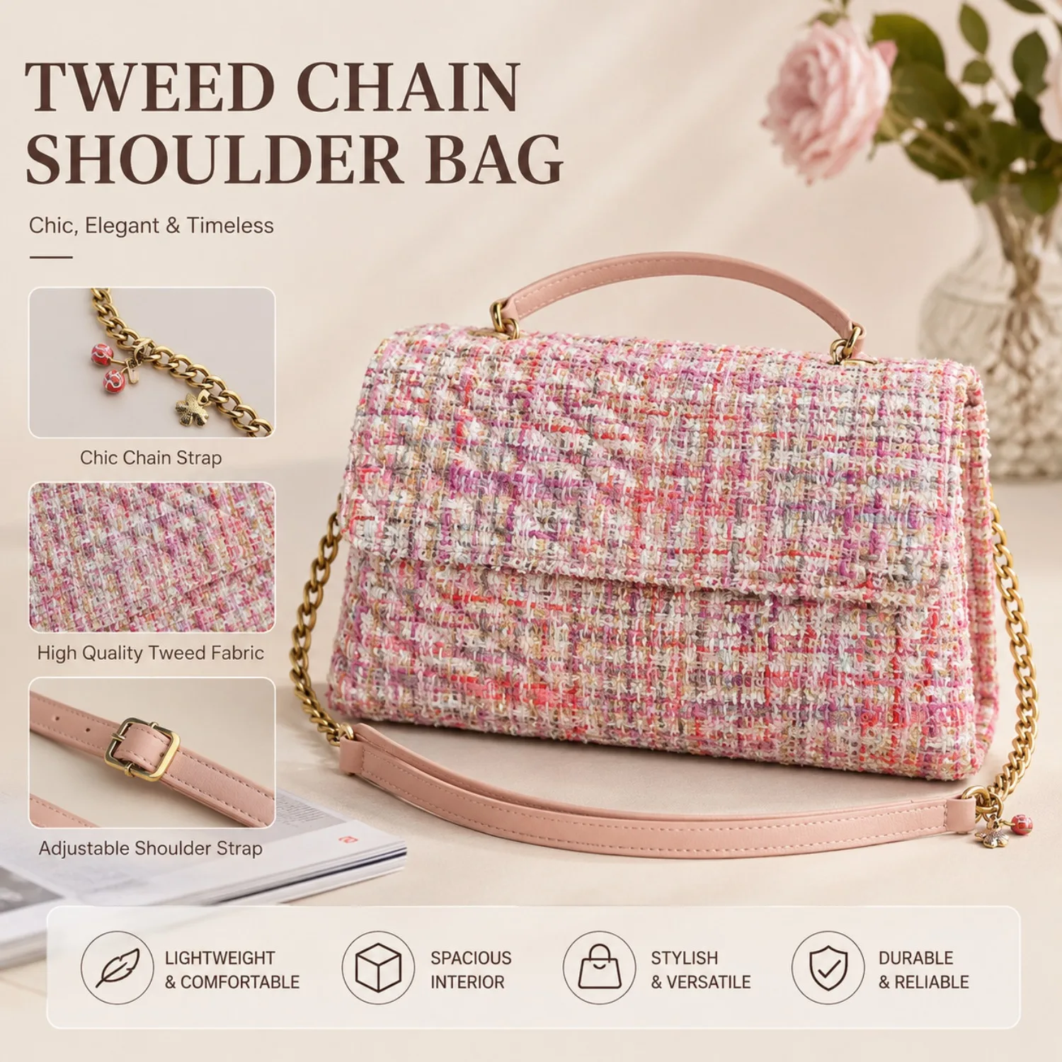 Women's Tweed Handbag,Chain Shoulder Bag with Top Handle,Fashion Crossbody Purse, Elegant Small Bag for Women,Daily Shopping