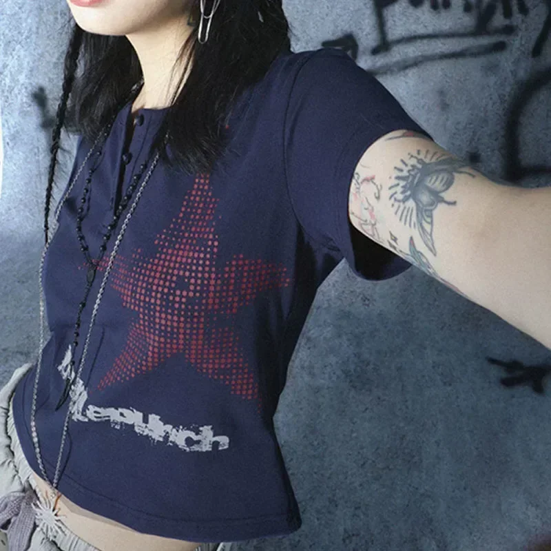 Xingqing Harajuku Crop Top Japanese Style Star Pattern Round Neck Short Sleeve T Shirts Graphic Tee Y2k Women Clothes Streetwear