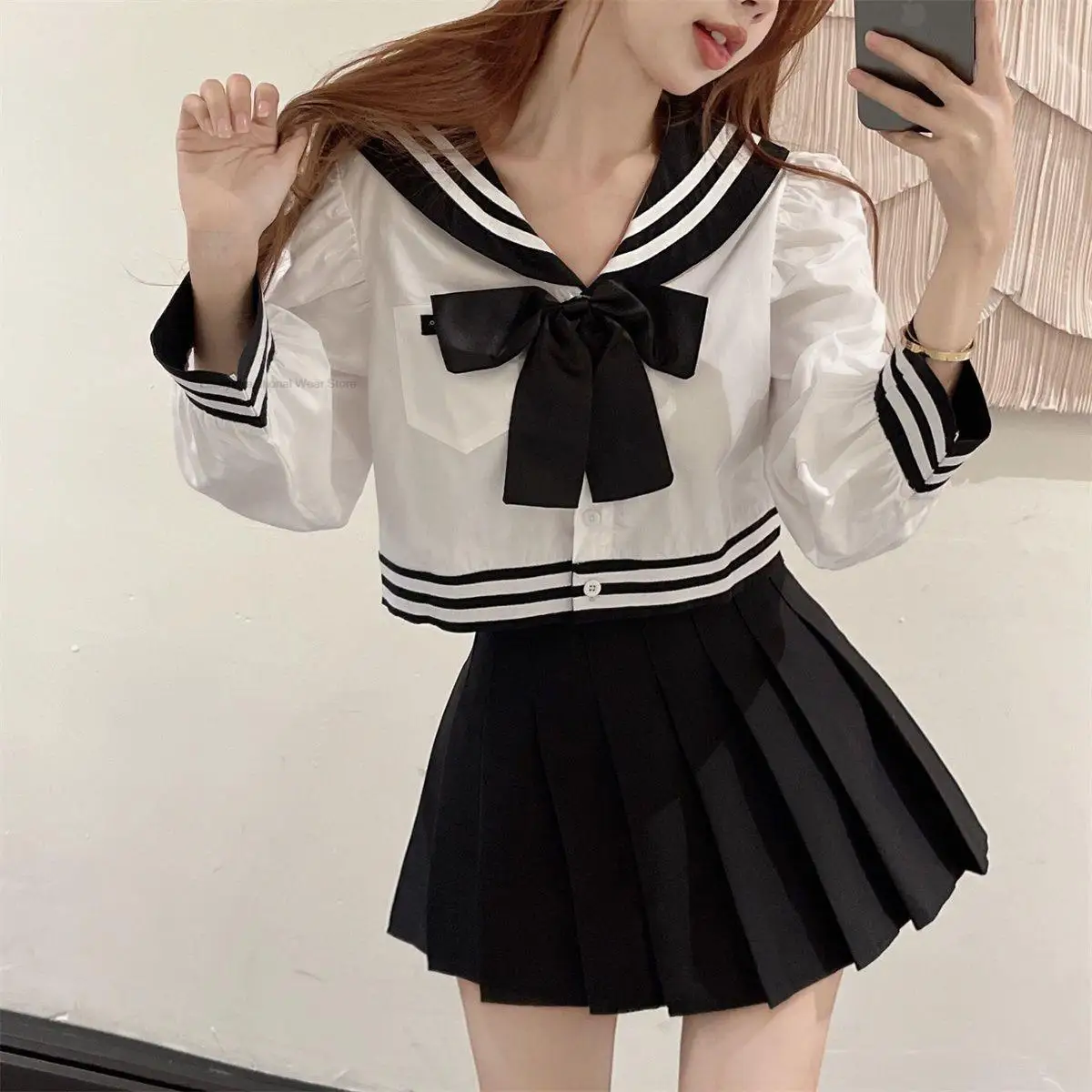 Japan Korea School Jk Uniform Girl College Style Navy Collar bubble-sleeved Bow Shirt High Waist Pleated Skirt Two-piece Suit