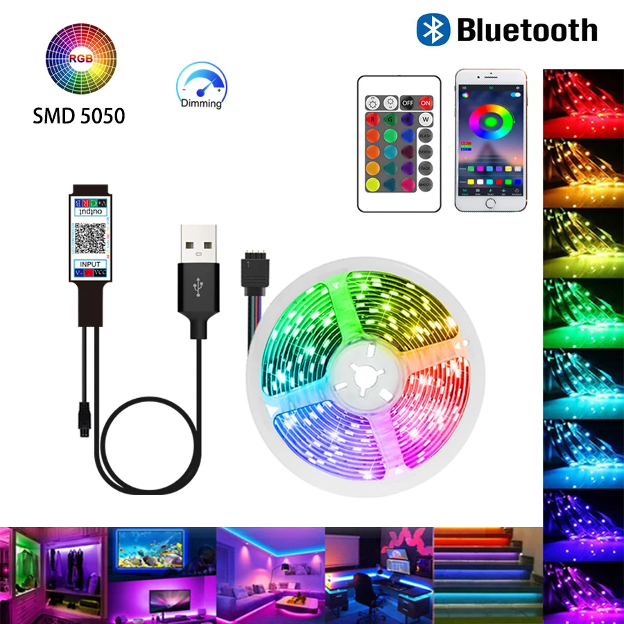 Fita LED com USB, Bluetooth, Fita flexível da lâmpada, Fita RGB, TV Backlight, Decoração, DC 5V, 5050, 1m, 2m, 3m, 4m, 5m