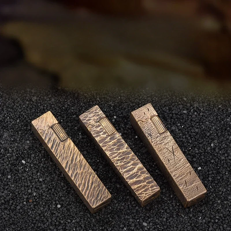 Retro Handmade Pure Copper Kerosine Lighter Small Square Side Pulley Wheel Lighter Hand Carving Cigarette Accessories Gadgets