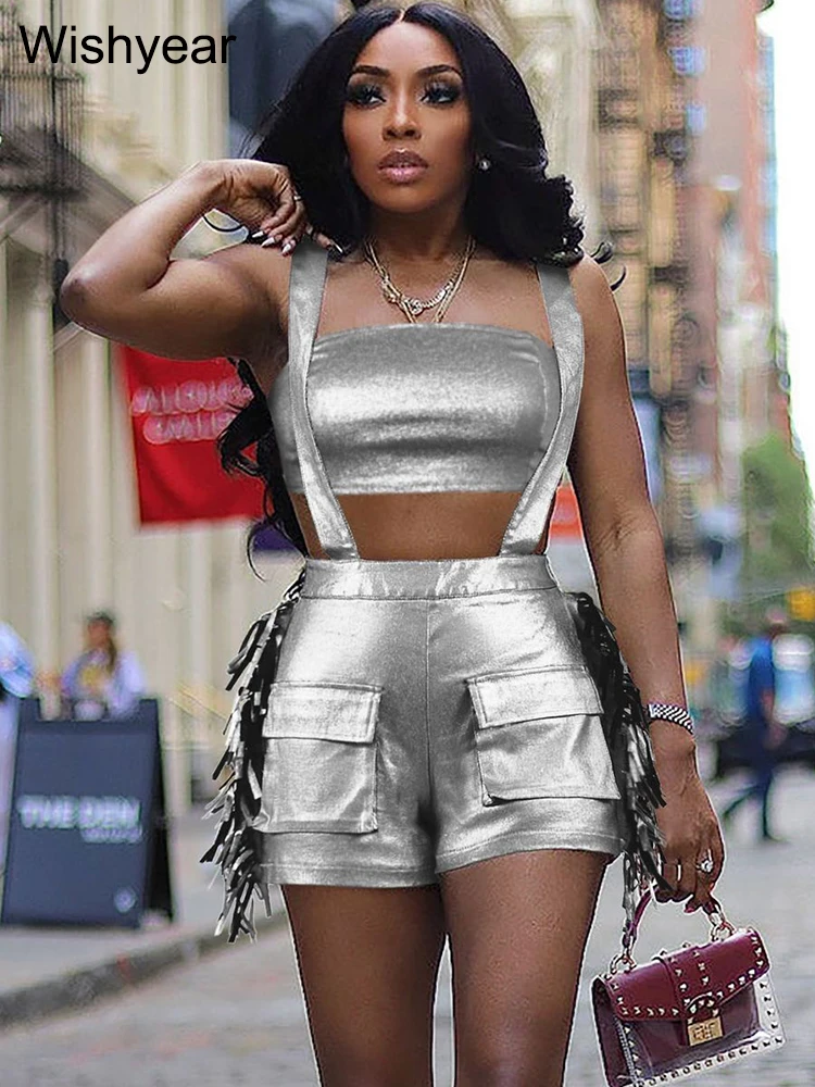 

Vintage Metallic Silvery Two 2 Pieces Shorts Set Women Stretch Crop Tops and Suspenders Tassels Pockets Birthday Night Clubwear