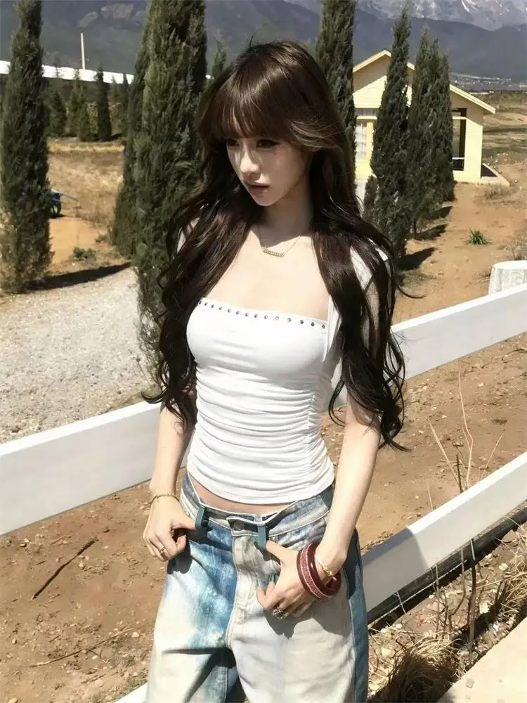 Y2K Damen Tanktop Sommer Slim Square Collar Sexy Tops Kurzarm Street Fashion Schwarzes Crop Top American Hot Girl Design Sense – Detail 6
