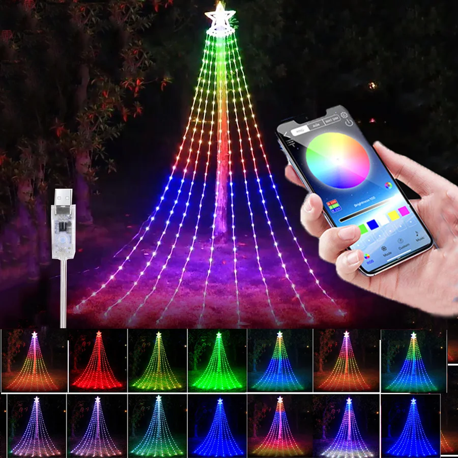 Imagem -02 - Rgb Waterfall Christmas String Light Estrela Suspensa Fairy Icicle Lights para Festa Casamento Pátio Decoração ao ar Livre 300 Led Star 9x3m