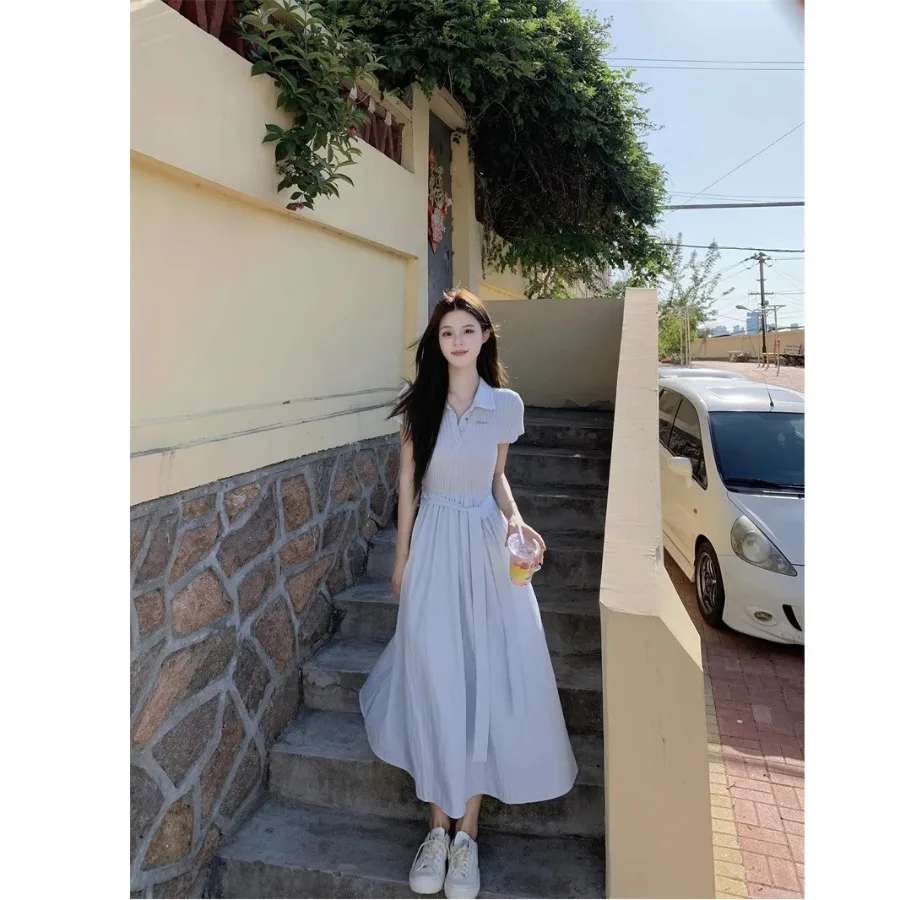 

【New style】Korean sweet style Polo-neck dress, women's summer waist-closing short-sleeved dress, light blue slimming a-line lon