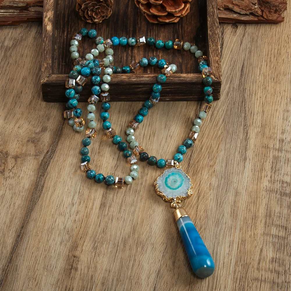 Irregular Sunflower Agate Bohemian Jewelry 6mm Natural Stone Glass Knot Necklace Striped Agate Drop Pendant Necklace