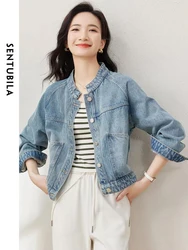 SENTUBILA Cropped Denim Jacket Coat for Women 2024 Spring Casual Stand Collar Long Sleeve Cotton Jeans Jackets Outwear W33W50369