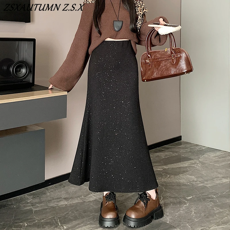 Vintage Woolen Sparkly High Waist Skirt Autumn Winter Korean A-line Mid-length Skirt Women Fashion Fishtail Skirt Gray Black