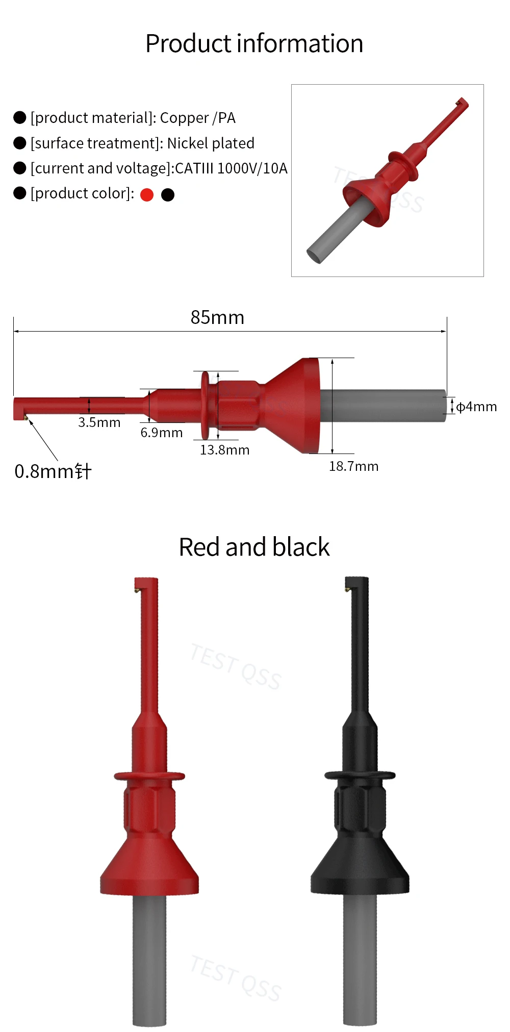 QSS 2 Stück 2 mm/4 mm Testhakenclip Rot Schwarz Elektrische Prüfung für die Kfz-Reparatur – Detail 3