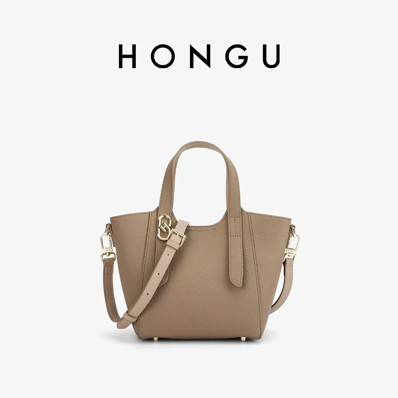 

HONGU Women Crossbody Bag Textured Cowhide Fashion Luxury Handbag Basket Shaped Commuting Large Capacity Khaki Bag H5135349G
