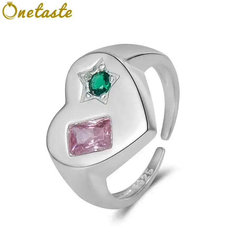 

925 Sterling Silver Heart Shaped Colorful Zircon Women's Rings Simple Contrast Color Love Ring Valentine's Day Gift For Her