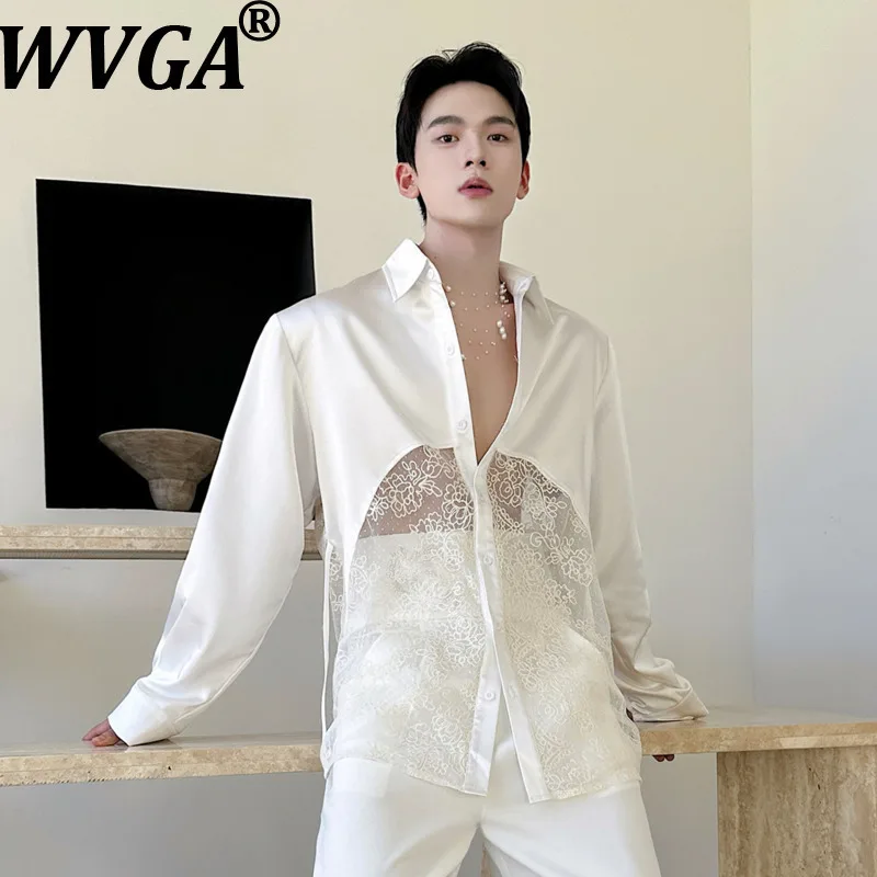 WVGA весна осень новый мужской кружевной лоскутный модный дизайн рубашка с длинным рукавом нишевый шикарный повседневный топ с отложным воротником Ins W14358