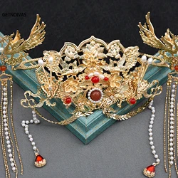 Hanfu Ancient Costume Female Headwear Retro Chinese Style Hair Crown Earrings Hairpin Long Tassel Beautiful Jewelry Accessories