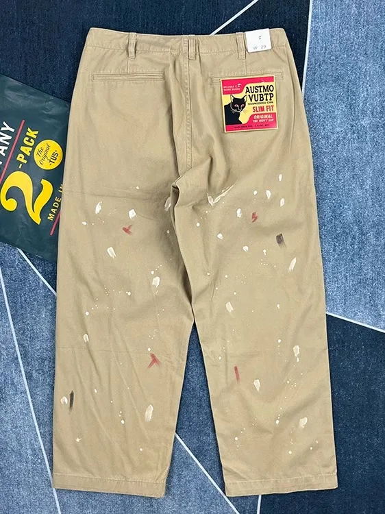 

Spring Autumn Thin Pure Cotton Loose Straight Casual Pants Men's American Retro fiti Wide Leg Workwear Trousers Trendy