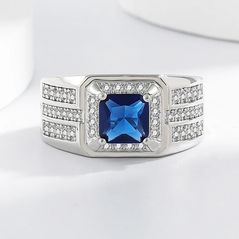 Domineering Sapphire Zircon 925 Sterling Silver Men's Business Elegant Wide Ring Meeting Dating Engagement Suitable