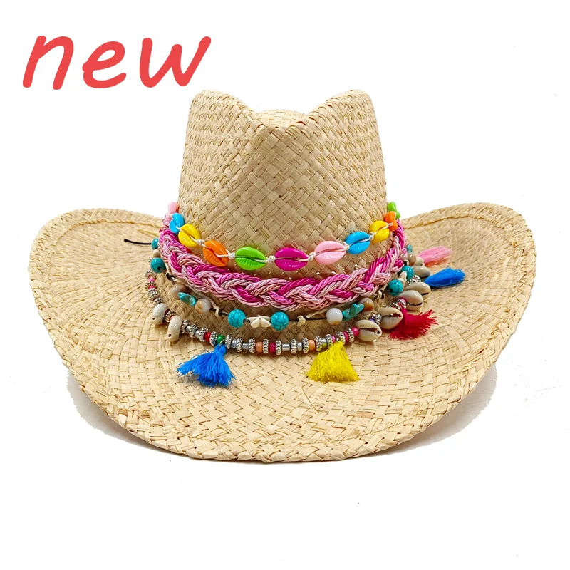 Raffia Western Cowboy Straw Hat  Summer New Sun Protection Visor Hat Men and Women Cowboy Hat  Dopamine sombrero vaquero