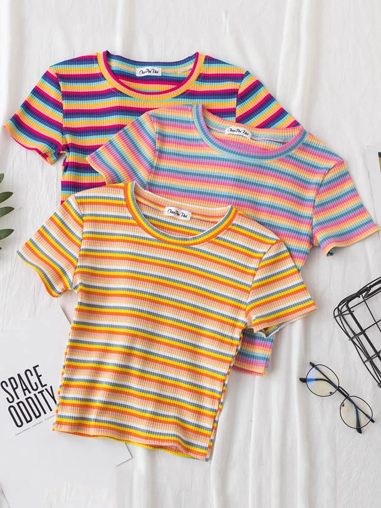 

New Women's Slim Fit Rainbow Striped T-irt Hara Comfortable Breathable Casual Top for Ladies