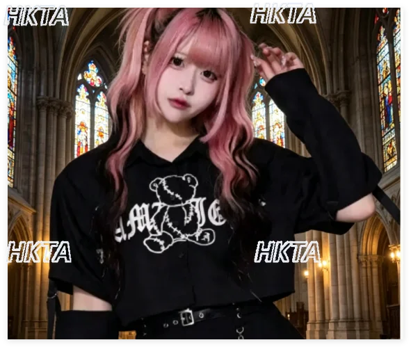 Original Cute Cartoon Bear Printing Detachable Sleeve Black Shirt Women Dark Goth Subculture Harajuku Japanese Shirt Y2k Cos Top