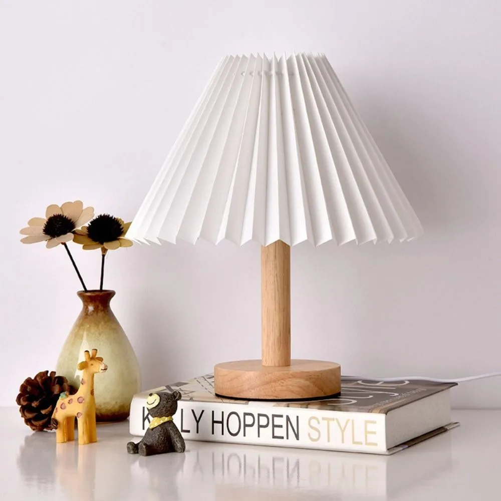 Retro Dimmable Led Lamp Pleated Three-color Table Lamp Creative Solid Wood Bedside Lamp for Bedside Desk