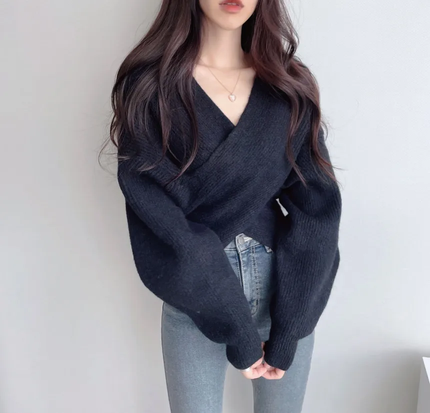 Suéter de punto Y2K coreano Chic cruzado cuello en V jersey de manga larga Color sólido Otoño Invierno Tops
