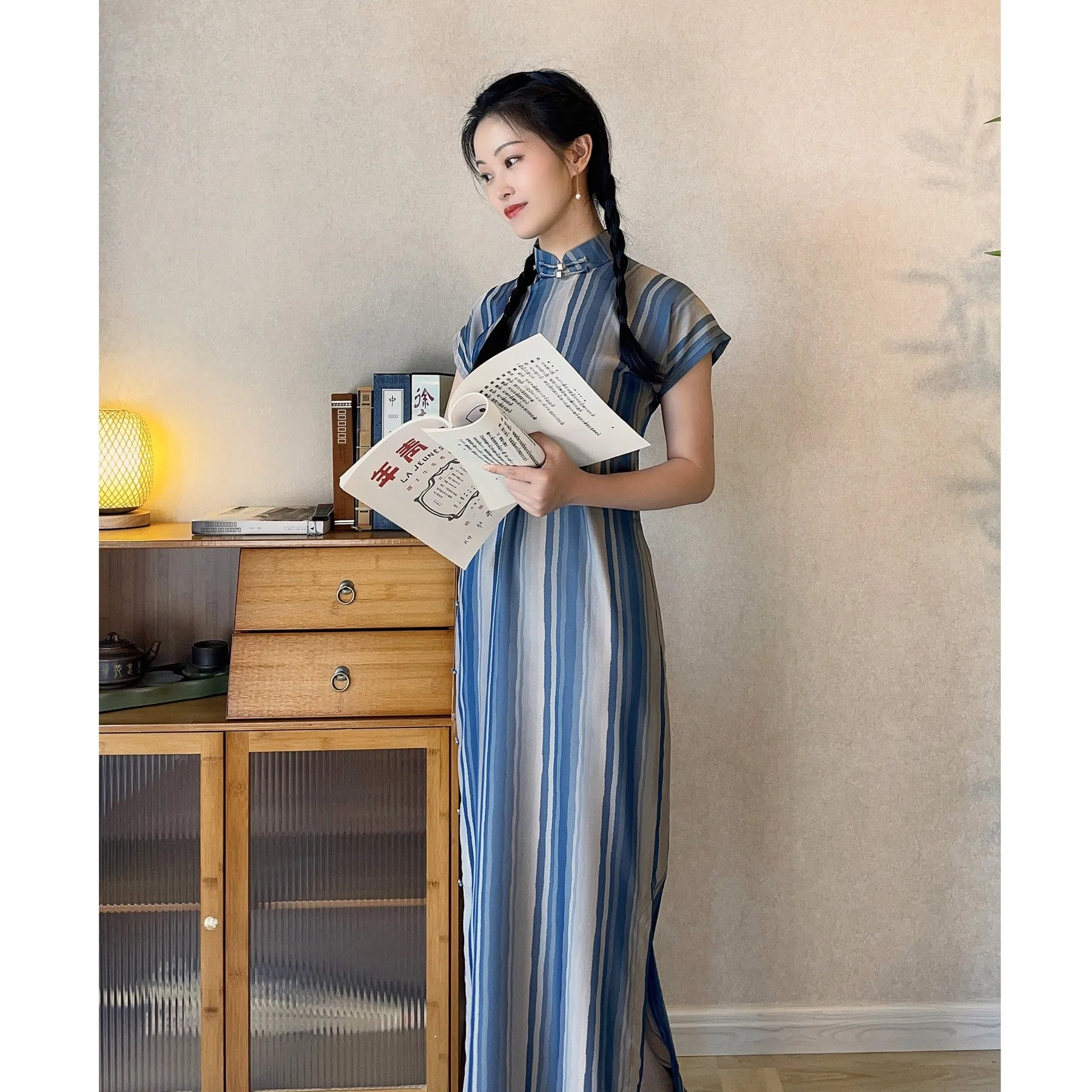 

Wang u One-Piece Stripe Traditional Artistic Republic Sle Young ort Sve Long Summer Daily Dr