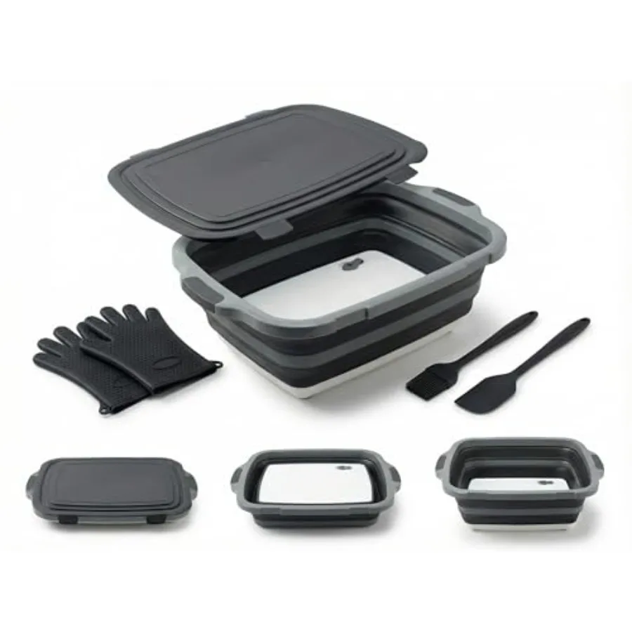 

Collapsible BBQ Prep Tub with Lid and Cutting Board 16L - XL Meat Marinating Basin and Grill Carry System - 5pc Set with Heat R