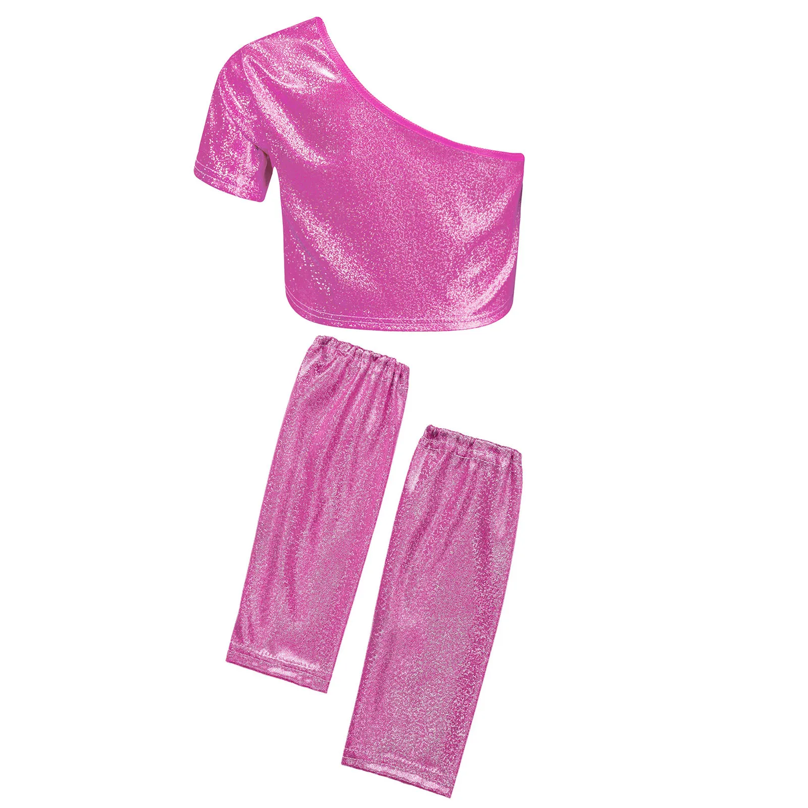 Girls Jazz Dance Costume One Shoulder Metallic Tank Crop Top with Shimmery Gloves for School Cheerleading Performance Dancewear