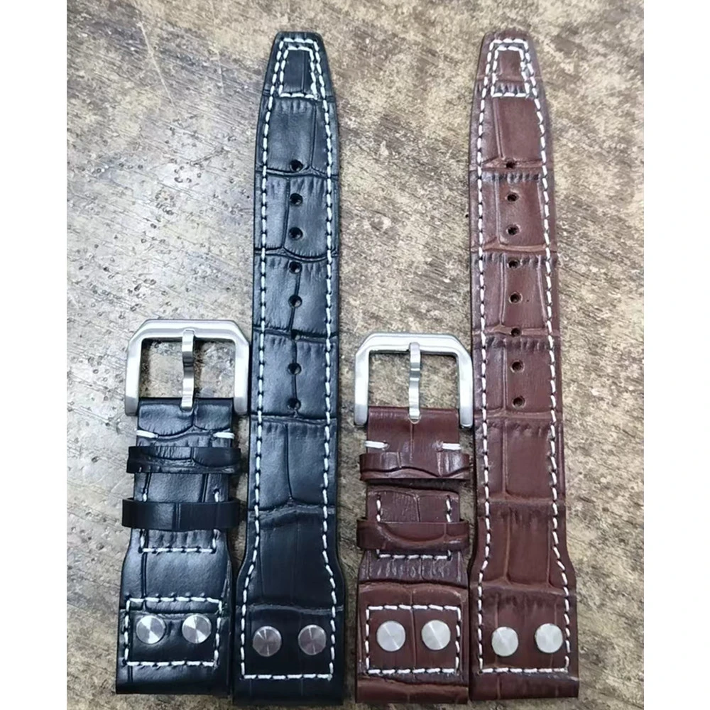21mm Genuine Leather Watch Strap for Pilot Watch Band Soft Cowhide Wristband Plain Bamboo knot Pattern Folding