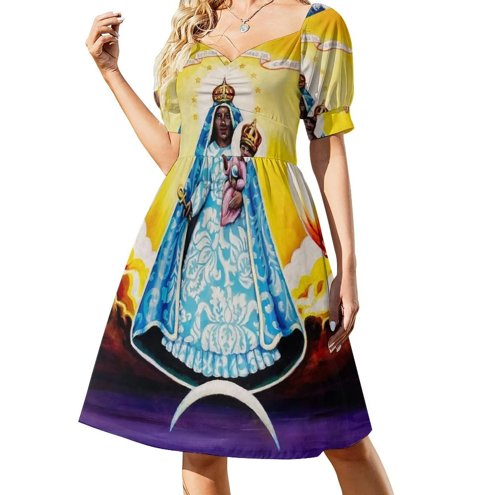 

Our Lady of Charity Jah Sunny Arts Painting Short Sleeved Dress birthday dress cocktail dresses dress