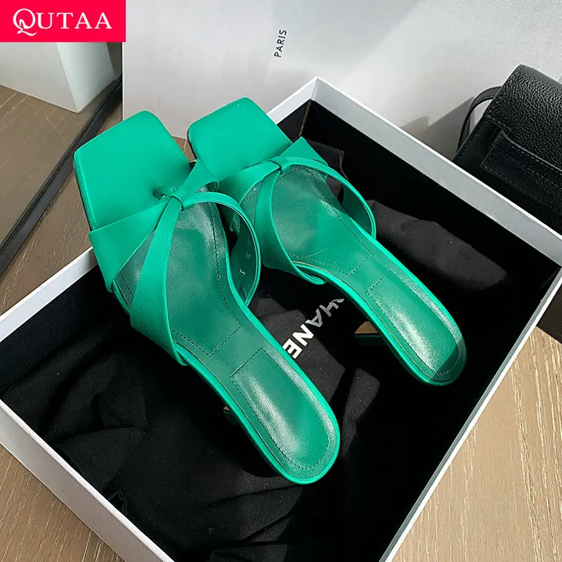 QUTAA 2026 Fashion Women Summer Sandals Pumps Shoes Satin High Heels Open Toe Pointed Toe Shoes Slippers Dress Party 34-42