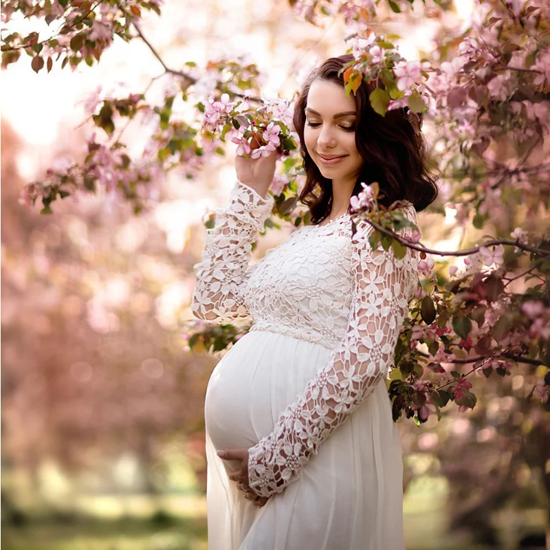 Sexy Maternity Dress For Photography Round neck long sleeve flowers Maternity Photography Long Dress Pregnancy Photo Shoot Dress