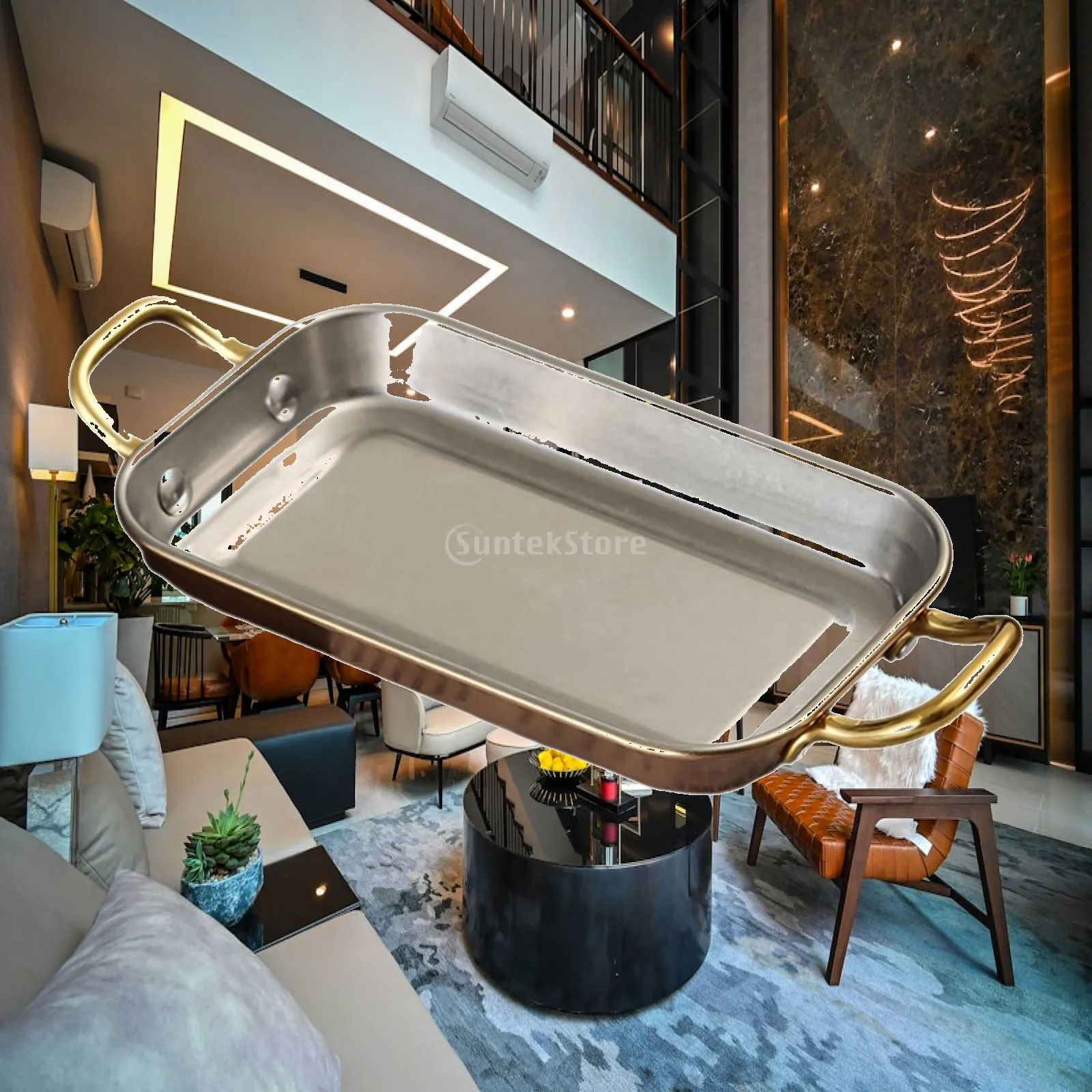 Vintage Stainless Steel Serving Tray Non Slip Meal Tray Food Platter for Restaurant Party Snack Serving