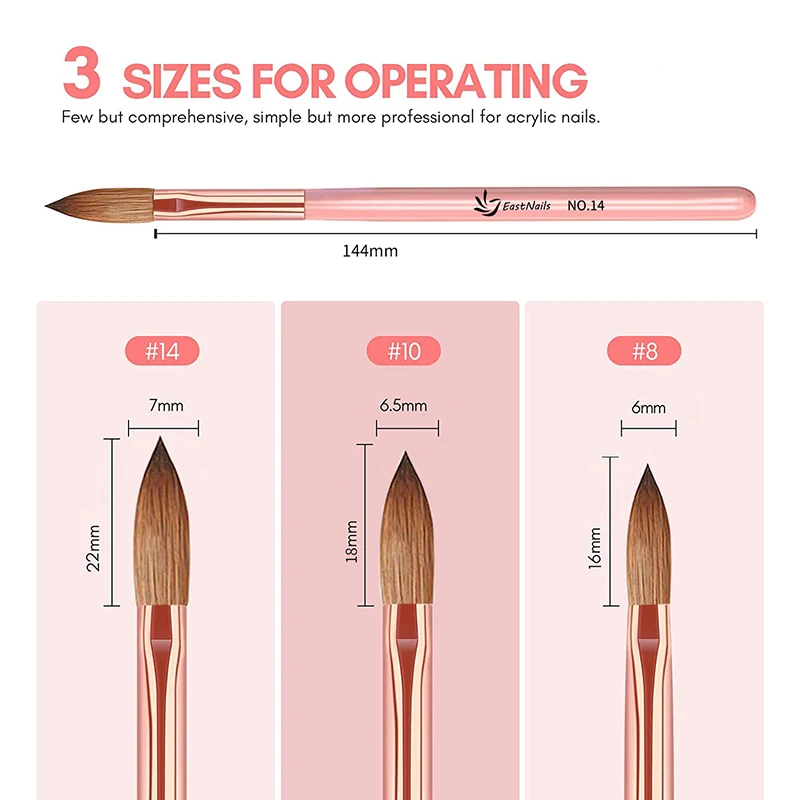 Set di pennelli per unghie in acrilico da 3 pezzi # 8/10/14 Spazzole per unghie professionali per estensione polvere acrilica Nail Art Strumenti per salone di manicure per intaglio 3D