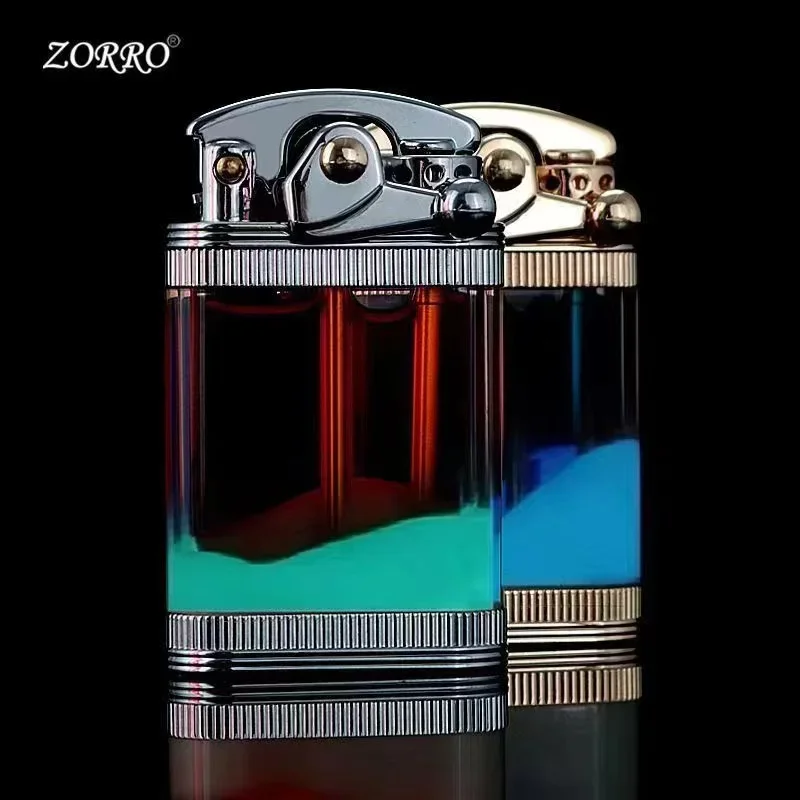 ZORRO Luminous Quicksand Rocker Kerosene Lighter Transparent Fuel Tank Metal Retro Grinding Wheel Cigarette Lighter Men\'s Gift