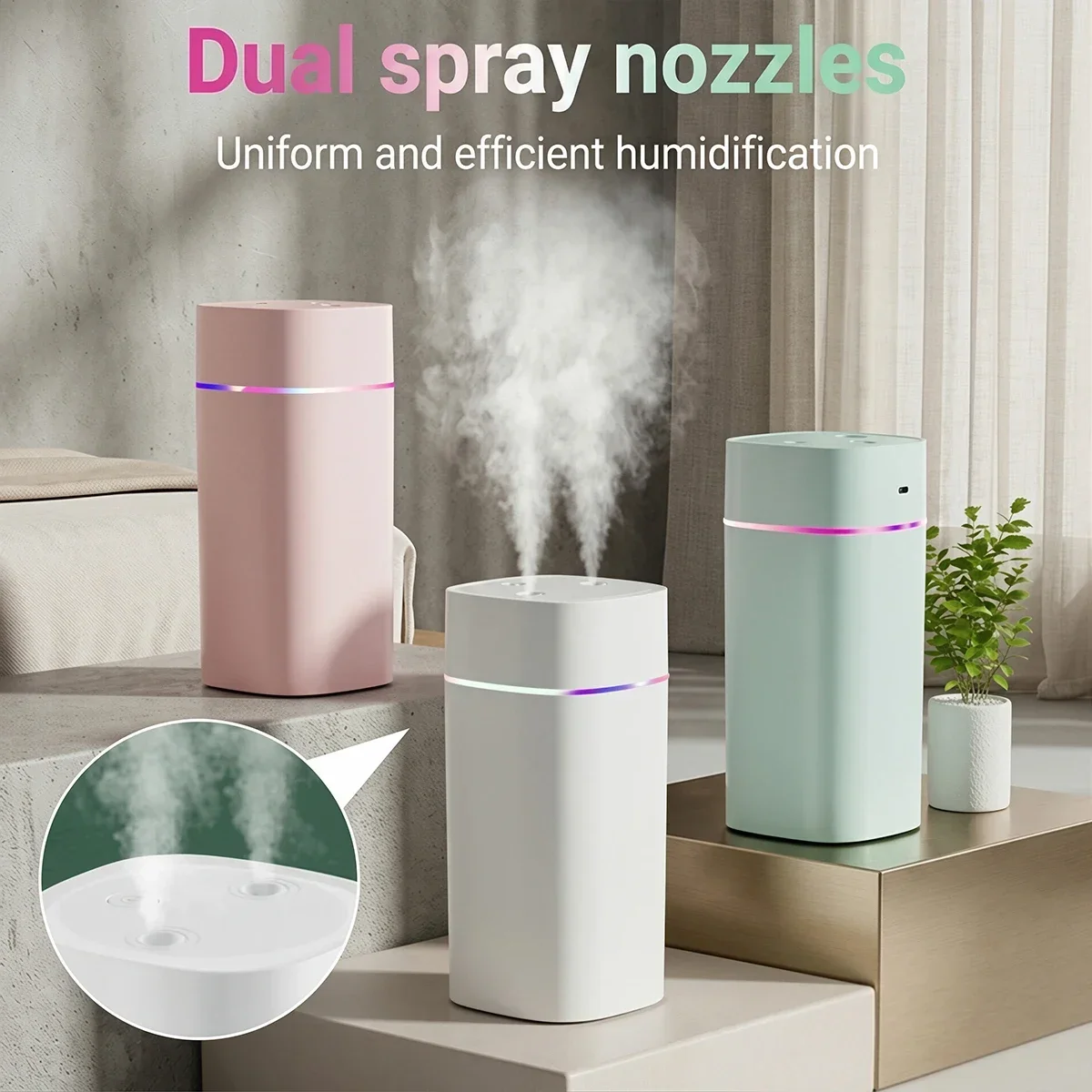 Tragbarer USB-Luftbefeuchter mit Doppelsprühöffnung, 600 ml, Aromatherapie-Öldiffusor, leiser Zerstäuber für Zuhause und Auto, Luftbefeuchter, Nebelmaschine – Detail 6