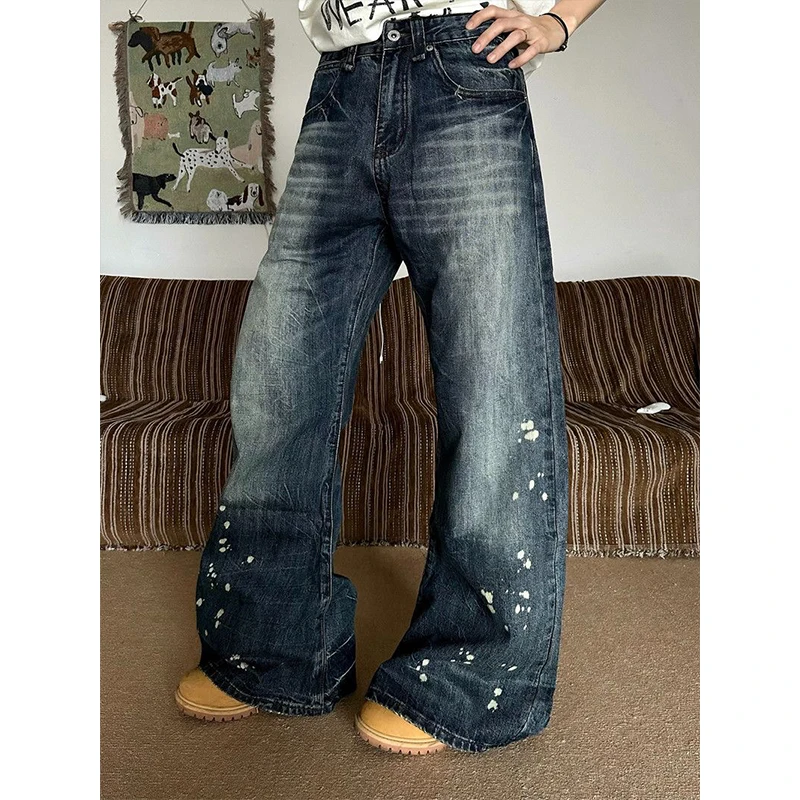 

2026 Spring Summer American Retro Y2K Streetwear Painted Washed Blue Baggy Jeans Pants For Women's Clothes Straight Denim Trous