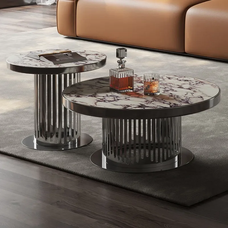 for Italian small apartment minimalist household living room coffee table stainless steel round rock slab size round