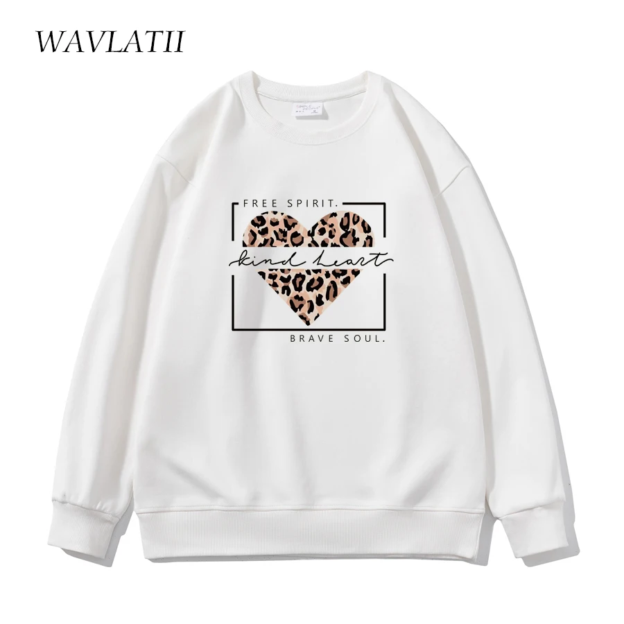 WAVLATII New Women Casual Cotton Sweatshirts Female Light Khaki Leopard Heart Printed Hoodies Lady Tops for Spring Autumn WH2352