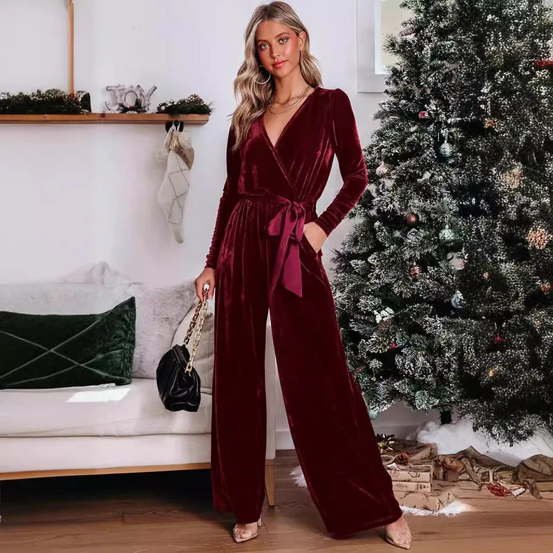 Women's Jumpsuit Commuter Casual Top Comfortable Career Solid Color Long Sleeve V-neck Fashion Elegant Straight Leg Pants