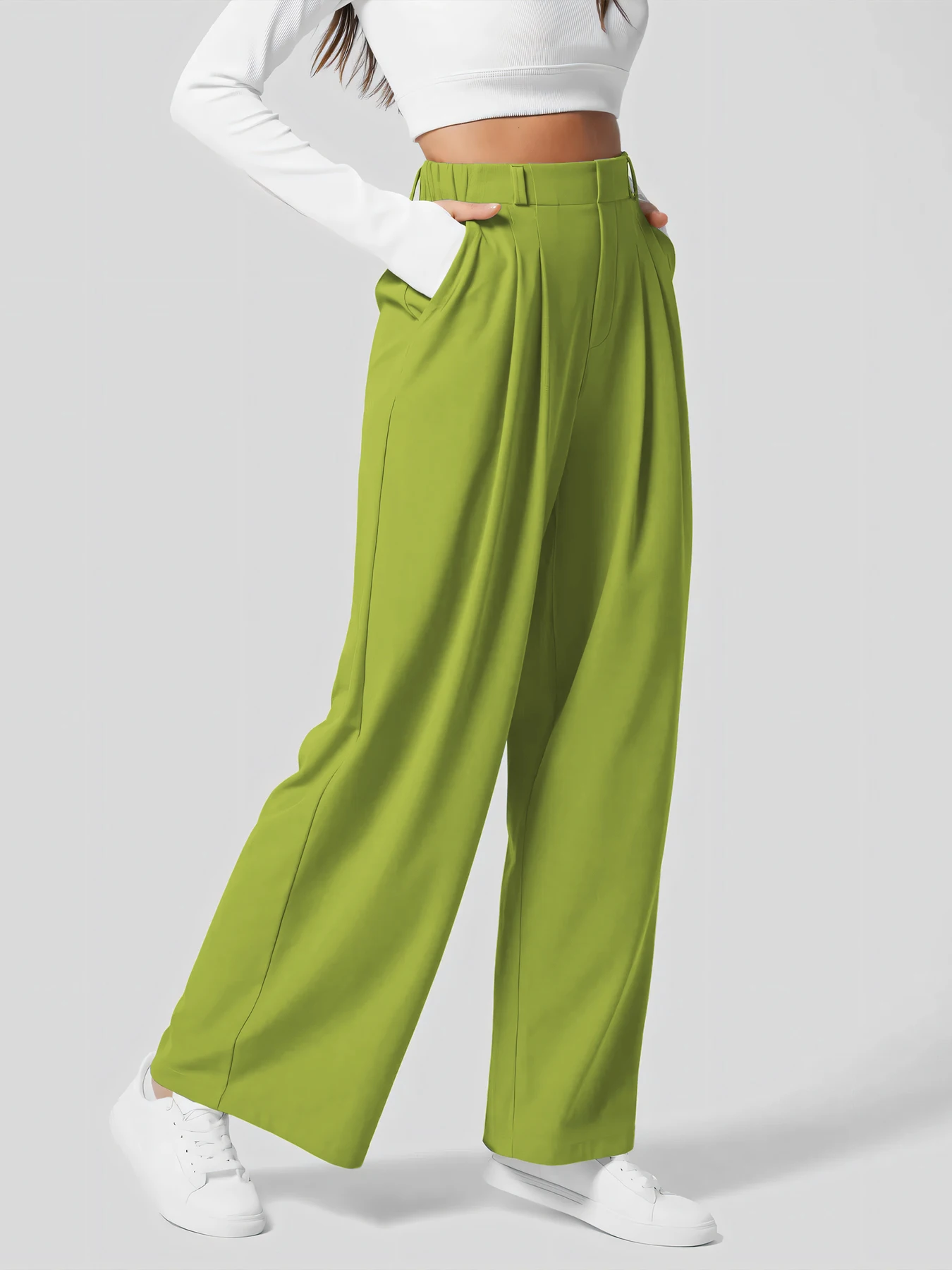 Damenhose, karierte, figurbetonte Hose mit weitem Bein und Taschen, hochtaillierte, lässige, figurbetonte Hose mit weitem Bein für Damen. – Detail 9