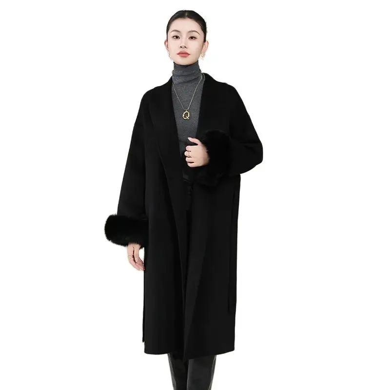 Autumn and Winter High-End 100% Pure Wool Woolen Coat Women's Long Fashion Fur Sleeve Coat Loose Comfortable Lapel Trench Coat