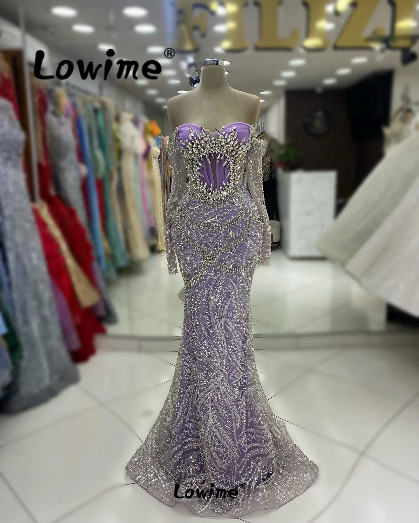 Crystal Purple Evening Dresses Long Sleeves Off Shoulder Mermaid Wedding Party Dress Arabic Aso Ebi Prom Gowns Abendkleider 2024