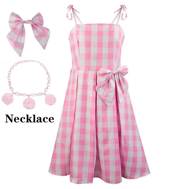 فستان نسائي منقوش باللون الوردي من فيلم Princess Cospaly مع ربطة عنق وقلادة كهدية للهالوين