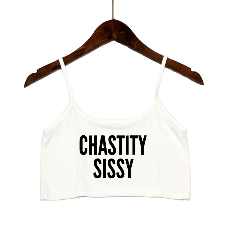 SISSY IN CHASTITY Letters Summer Women\'s Crop Top Sexy Elastic Cotton Camis Sleeveless Short Tank Top Bar Hot Tops for Women