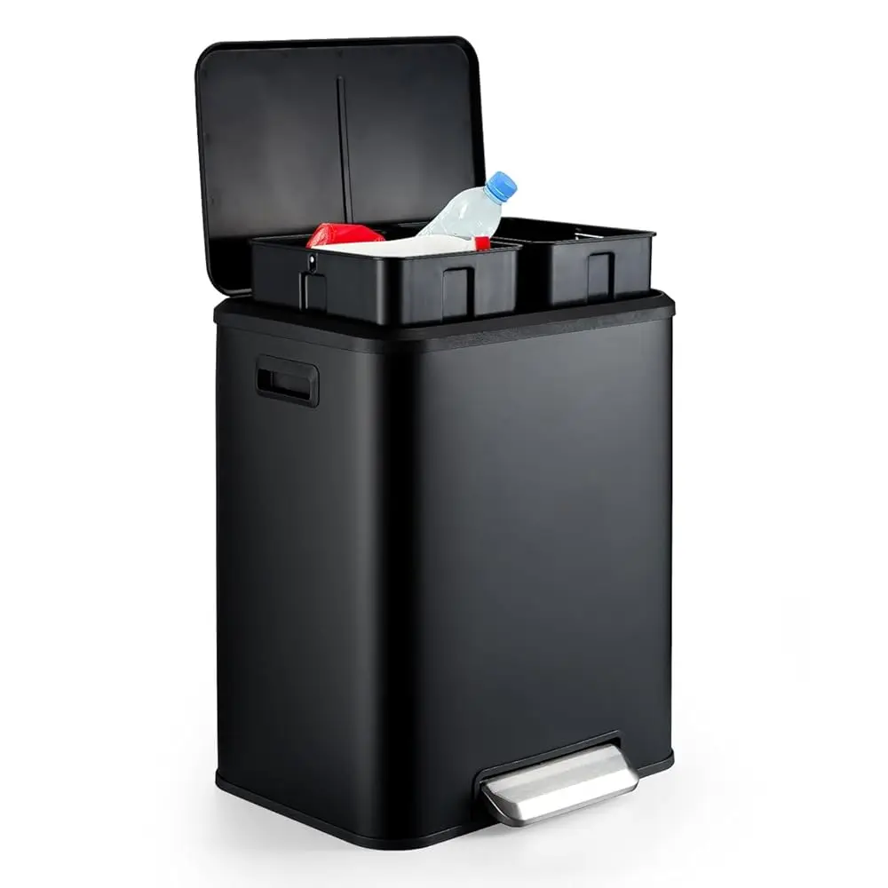 

Trash Can, 2 X 4 Gal (2 X 15L) Stainl Steel Double Trash Can With Recycling Bin, Soft-Close Lid, Step-On Garbage Bin,
