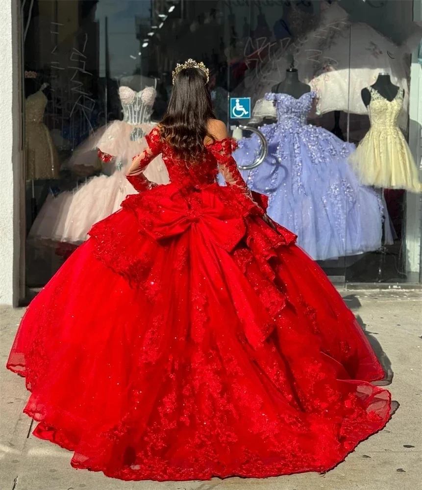 ANGELSBRIDEP Shiny Red Quinceanera Dresses with Big Bow Boat Neck Beading Lace Appliques Vestidos De 15 Anos Birthday Party