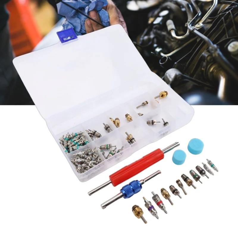 104Pcs Car Air Conditioning Valve Core Accessories Kit R134a R12 Valve Core Set With Remover Tool Dust Cap For Automotives Bikes