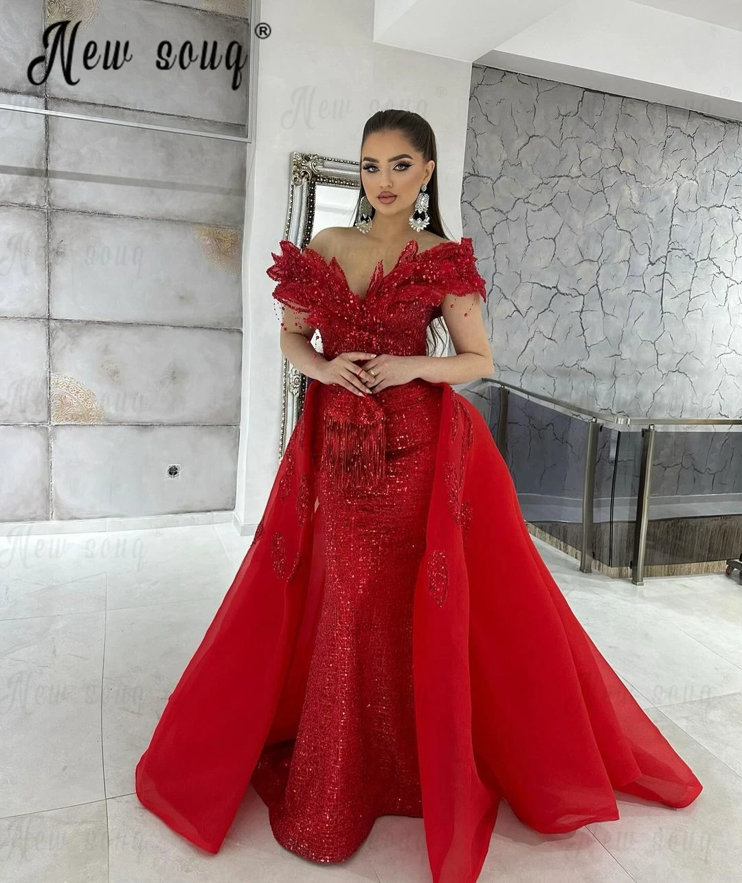 

New Red Long Party Dress Gorgeous Detachable Train Prom Dress For Wedding Beading Women Formal Engagement Gowns Robes De Soirée